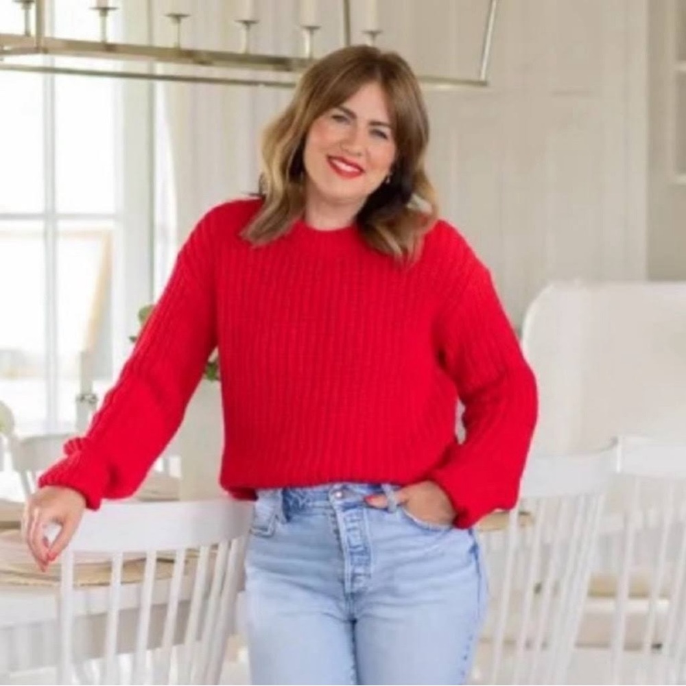 Joe Fresh Red Ribbed Crewneck Sweater